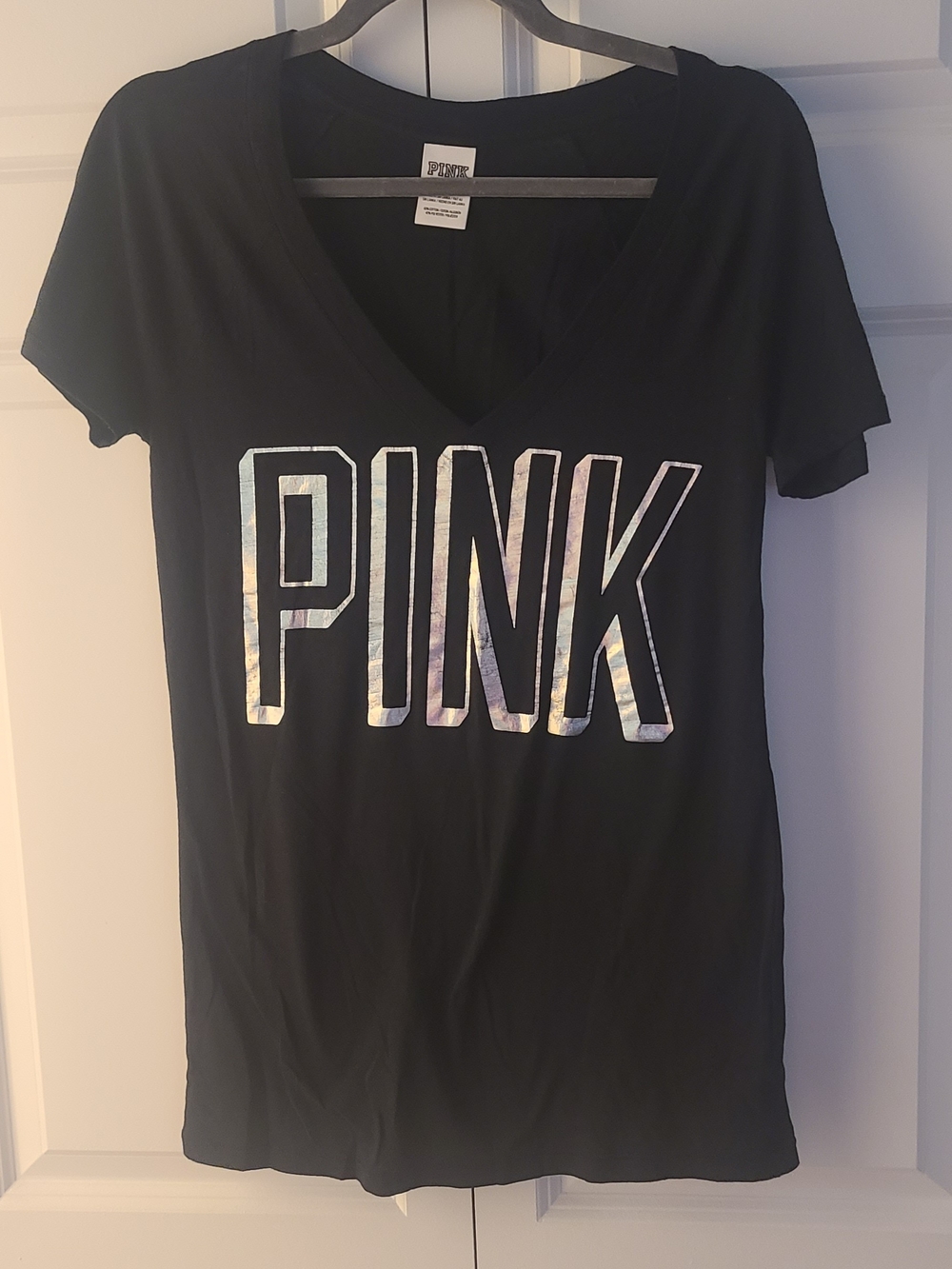 PINK Victoria's Secret Vintage Black V‑Neck Tee with Iridescent Logo